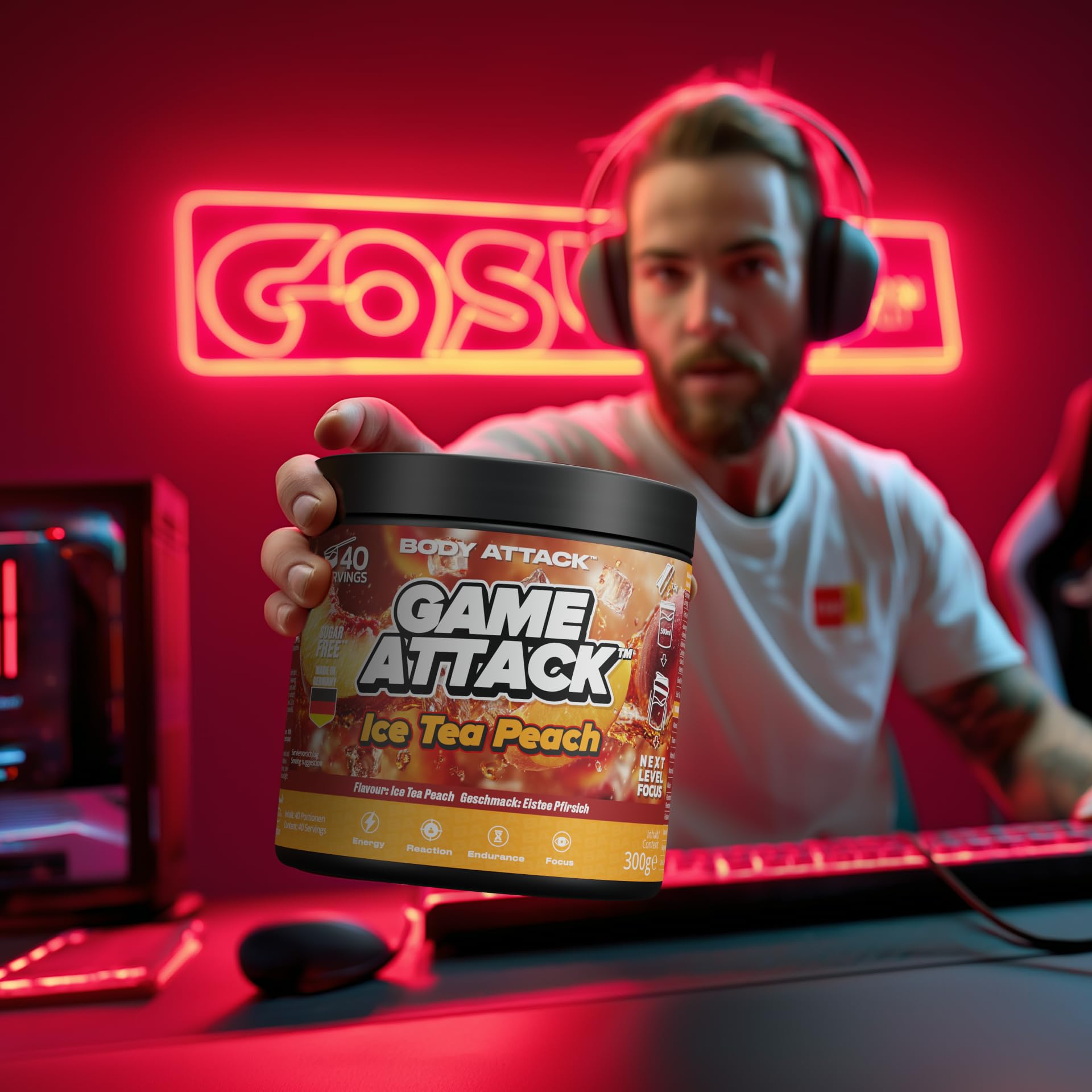 GAME ATTACK Gaming Booster - Ice Tea Peach - 300 g (40 Portionen) - Energy Drink Pulver für Fokus & Energie - 17 kcal/Portion - 18 Zutaten - geprüfte Qualität - Made in Germany