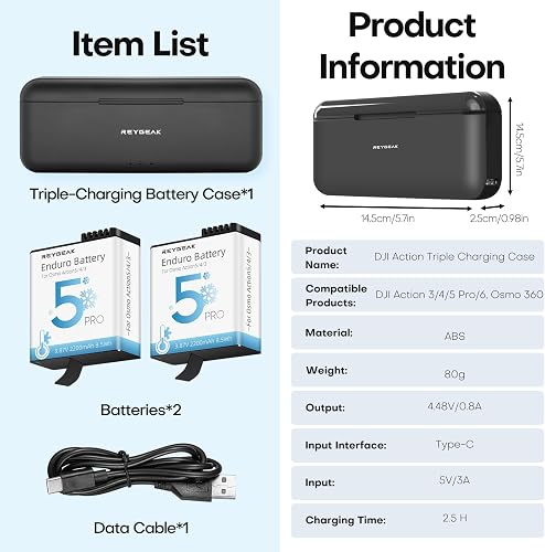 REYGEAK for DJI Action 5 Battery and Charger,2200mAh Replacement Battery for Osmo 360 Action 4/3 with 3 Charger Hub, 2 Pack Portable Battery for DJI Osmo Extend Batteries Accessories - 7