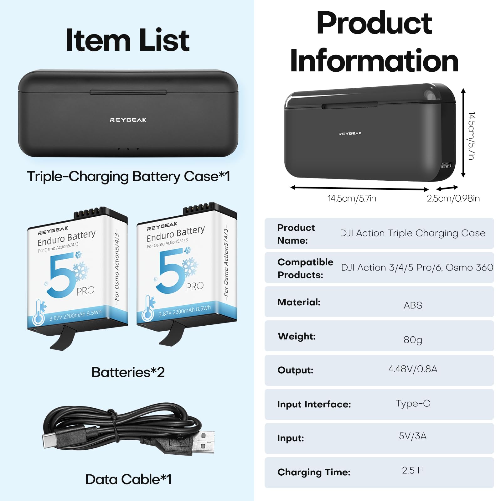 REYGEAK Batterie et Chargeur pour DJI Osmo Action 6/5/4/3-2 Batteries de Rechange 2200mAh avec Chargeur Triple, Accessoire d‘Extension d’Autonomie pour OSMO Action Accessoires