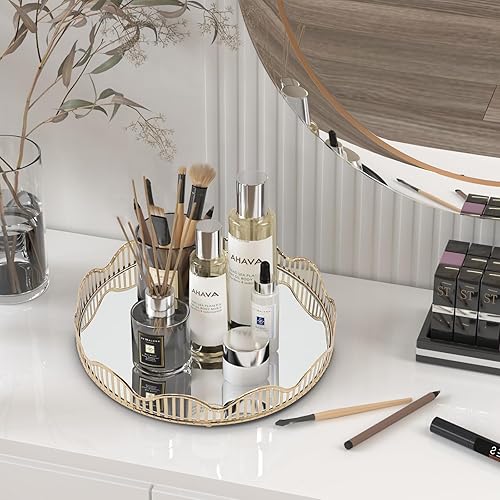 Miniatura 4 de Bandeja de espejo, bandejas de tocador para dormitorio, bandeja de espejo de perfume de vidrio para tocador, bandeja de tocador de vidrio dorado,