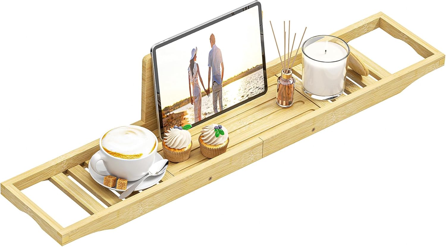 Bath Accessories - Cup Holders - Bathtub Tray Caddy - Bath Tray Expandable - Bath Tub Table Tray Caddy - Bamboo Bath Tray for Tub