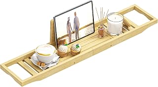 Teakhzct Bamboo Bathtub Tray Caddy - Expandable Waterproof Bath Tub Table, Fits Most Tubs for Books & Wine