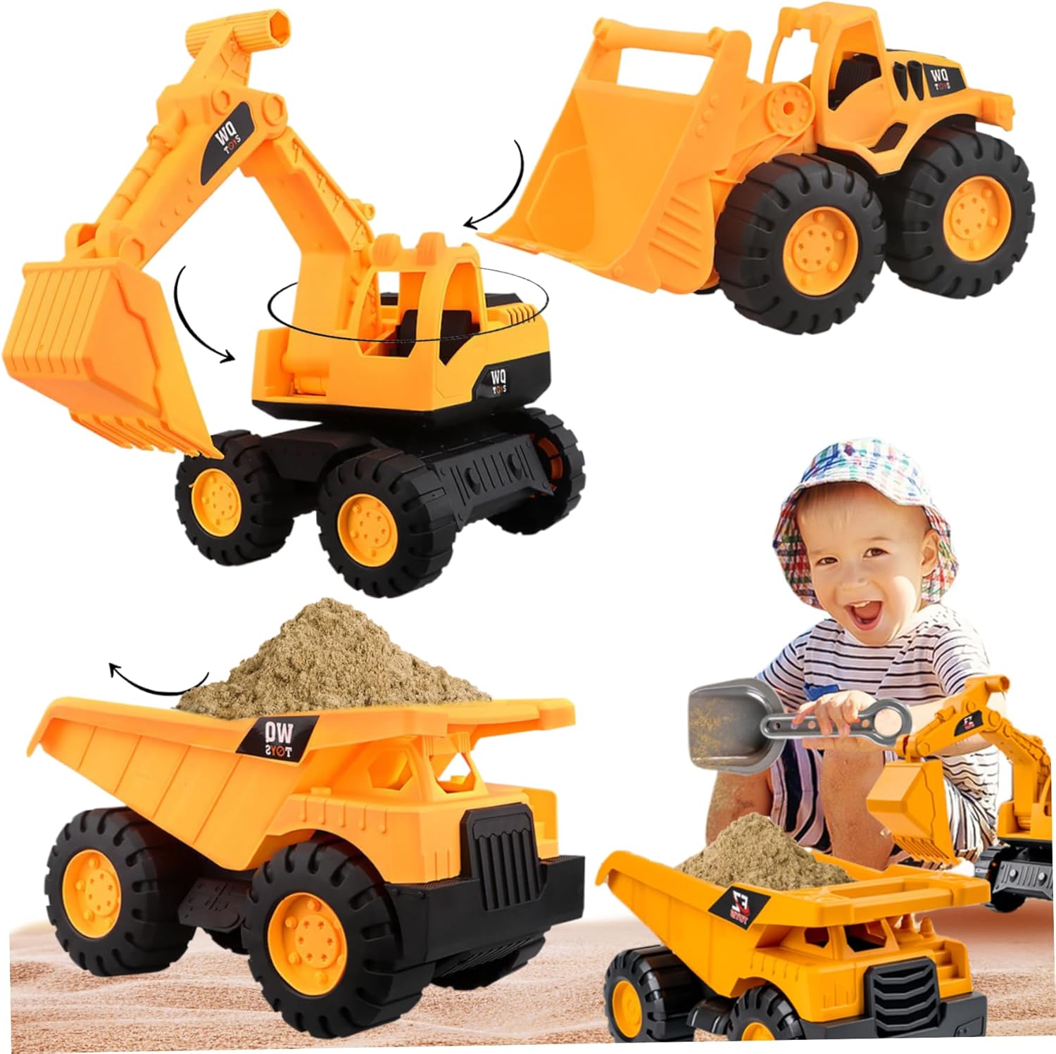 Toy Cars for Kids 3Pcs Inertia-Driven Construction Vehicles Set, Includes Excavator, Bulldozer, Truck (Large)