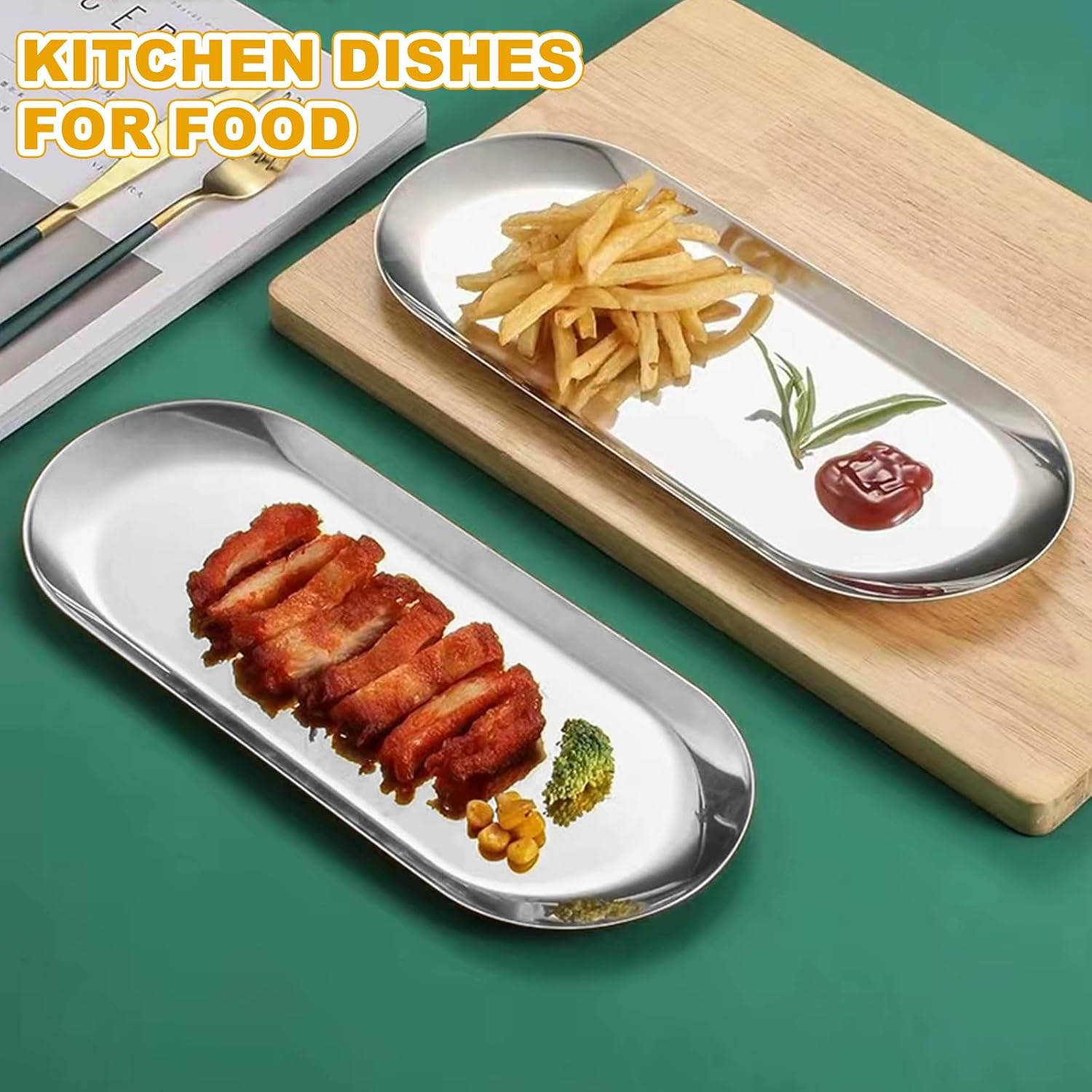 AKOLAFE 5PCS Stainless Steel Serving Tray Set Silver Platters for Serving Food Party Large Metal Trays Decorative 12" Long Plate Oval Storage Tray Thickened Serving Dishes for Entertaining Sushi Snack