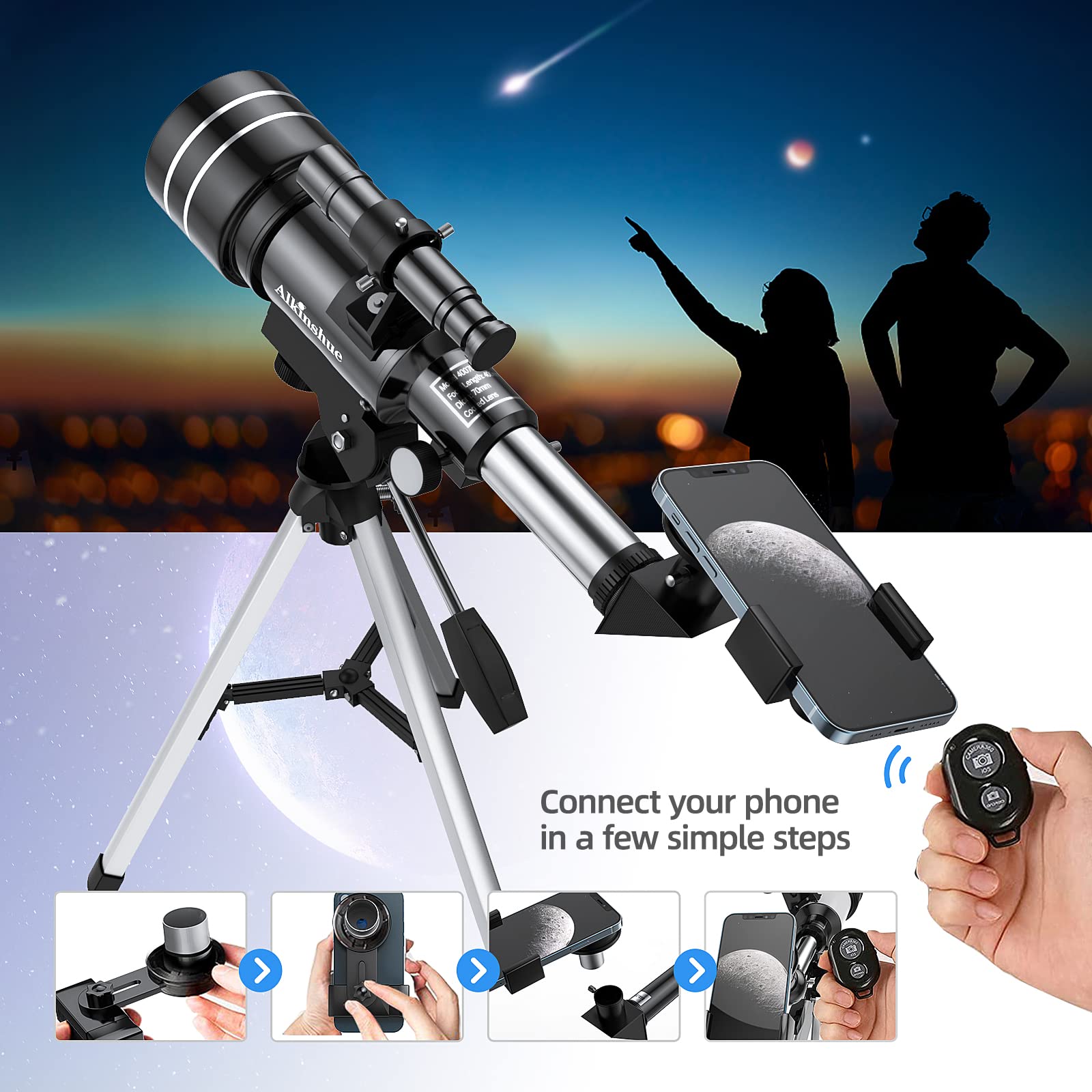 Telescopio Astronómico Adultos, Niños y Principiantes, Zoom HD 70 mm de Alta Ampliación Alcance de Viaje con Trípode y Adaptador de Teléfono Inteligente, Barlow