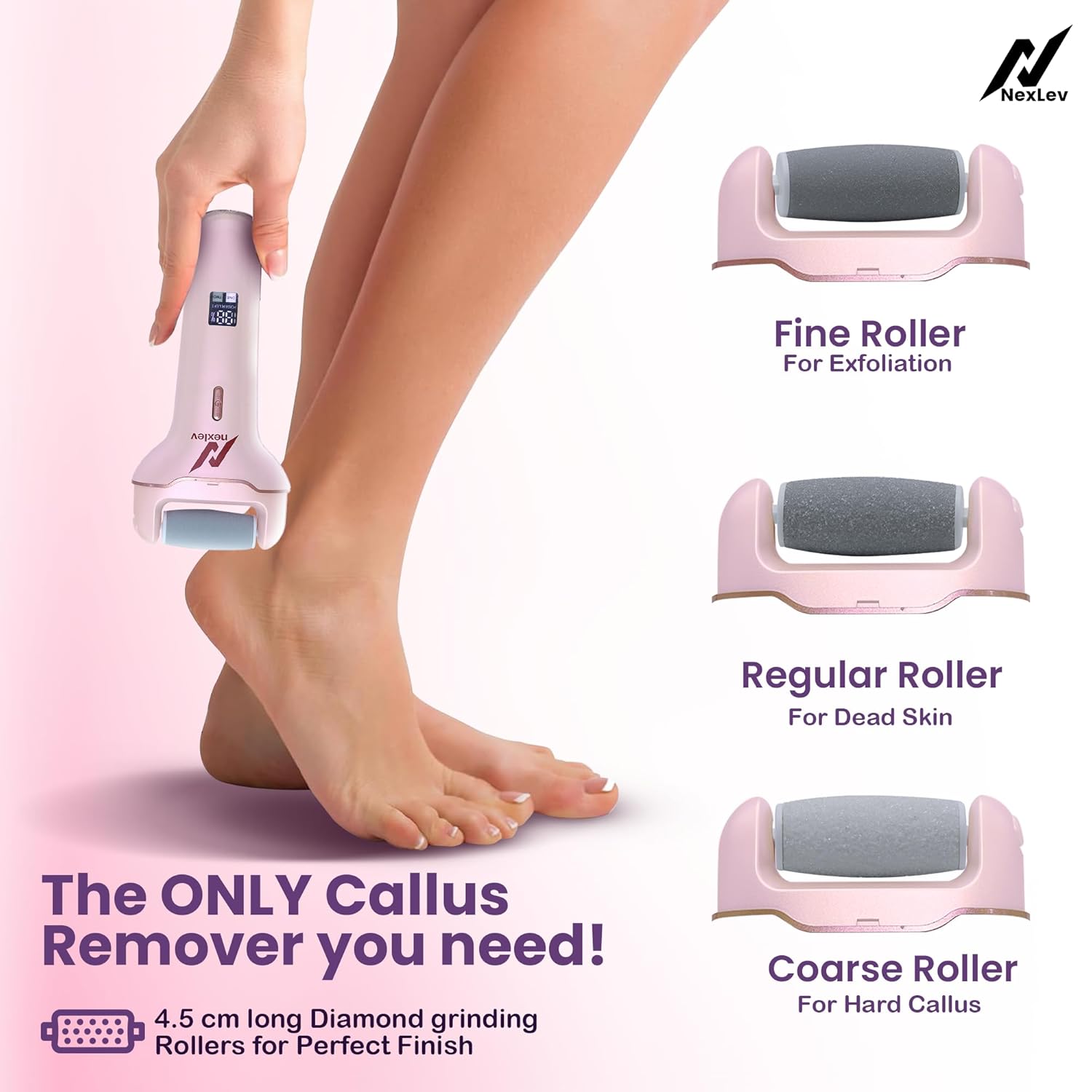 Nexlev Callus Remover| Foot Scrubber| Callus Shaver|3 Roller Heads| At-Home Professional Pedicure| Rechargeable|Type-C Charge| Waterproof| for Removing Dead & Hard Cracked Dry Skin | Smooth Sole CR-01 3 71uld3ef3+L. SL1500