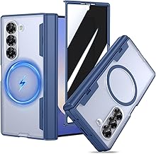 Doeshine for Samsung Galaxy Z Fold 6 Case with Mag-Safe & Magnetic Charging, Front Privacy Screen Protector & Hinge Protection, Translucent Hard Resistant Shockproof Cover for Z Fold 6 (Blue)