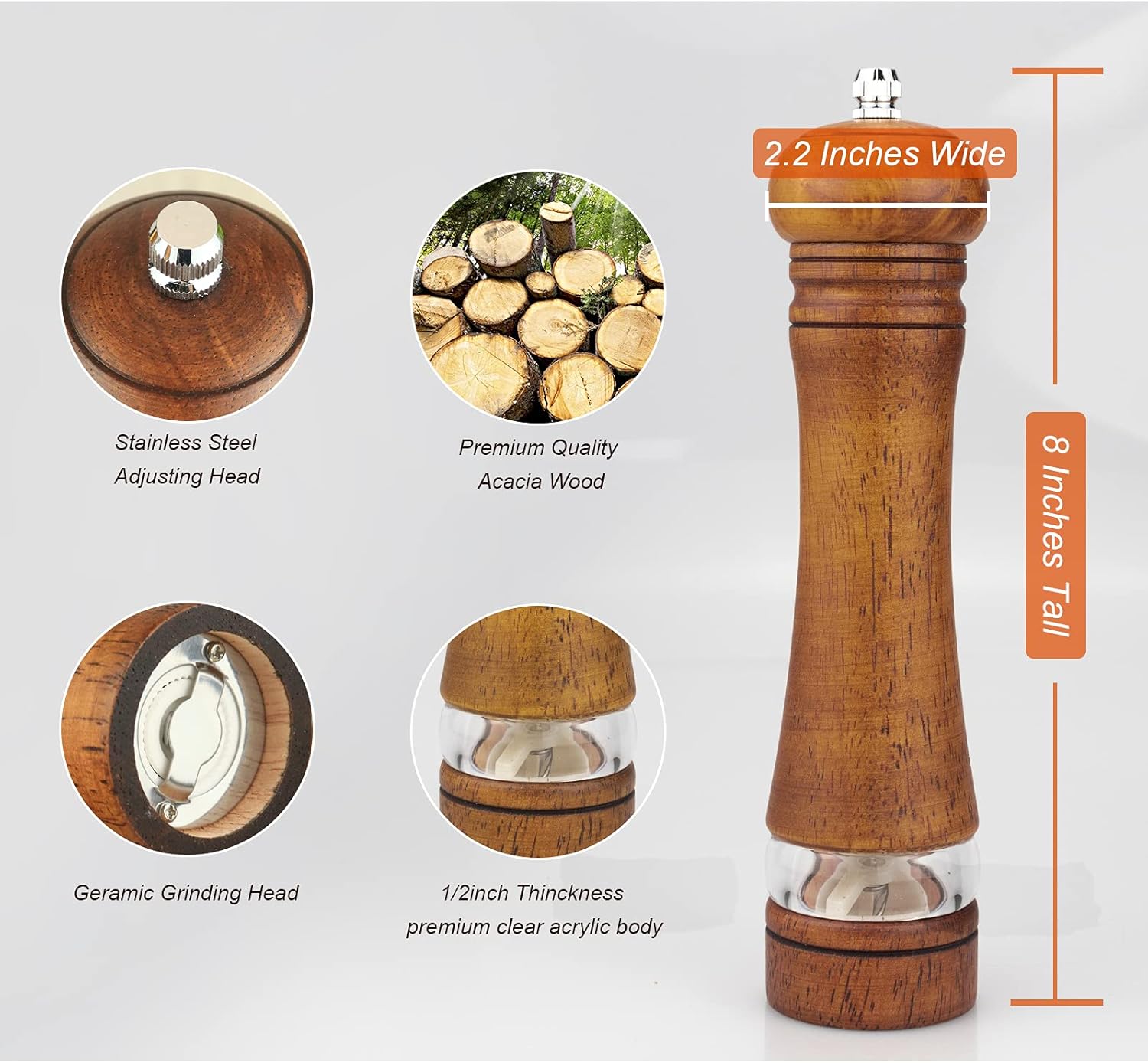 Haomacro Pepper Grinder, Wood Salt and Pepper Mills Set, Classic Manual Spice Grinder Refillable Salt Mill Sets with Acrylic Visible Window Adjustable Ceramic Grinding Rotor 8 inch 2 Pack