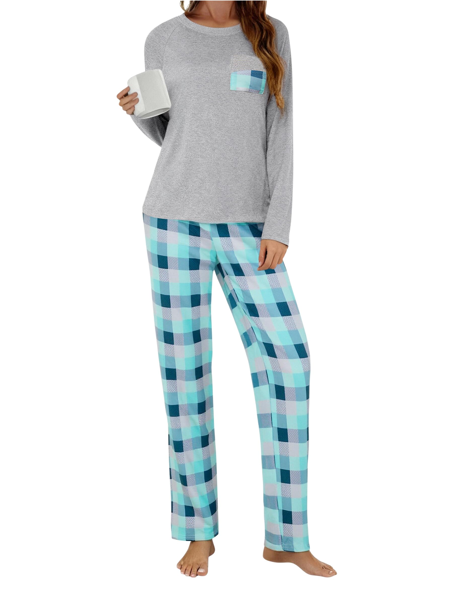 Uniexcosm Schlafanzug Damen Lang Winter Zweiteiler Baumwolle Pyjama Set Langarm Oberteil und Karierte Pyjamahose Nachtwäsche für Frauen Hellgrau S