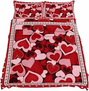 Valentine's Day Queen Size Bed Sheet Set, Soft & Breathable Microfiber, Red and Pink Love Heart Geometric Bedding Sheets & Pillowcases, Deep Pocket Fitted Bedsheet, 4 Piece