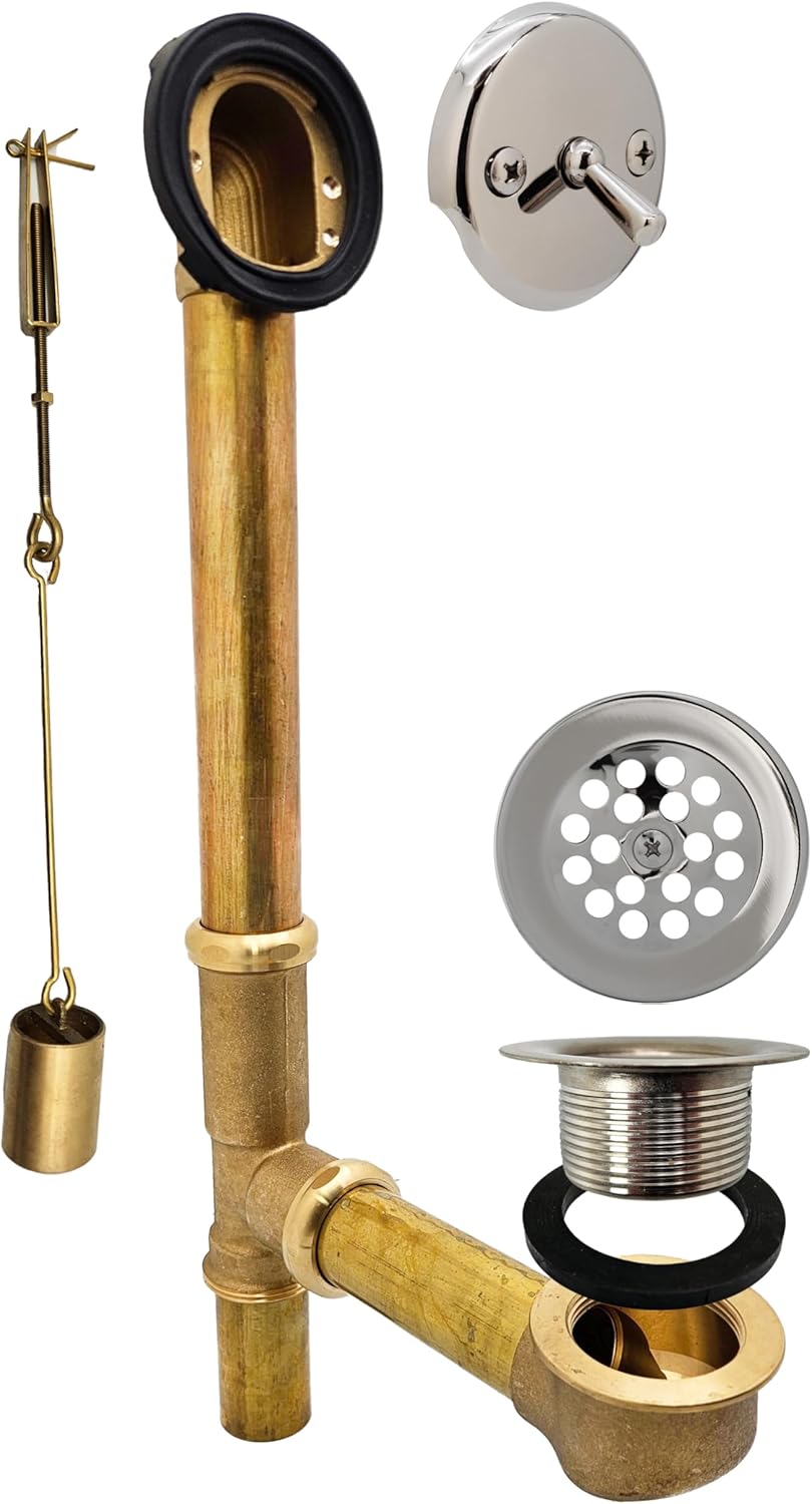 Westbrass 79220CP 14" 20 Gauge Brass Bath Waste and Overflow Assembly with Trip Lever and Grid Drain Cover, Polished Chrome