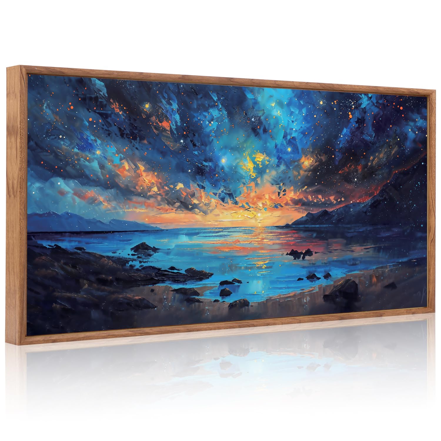 Aurlan Abstract Sunset Nightfall Landscape Hand Painted Framed Wall Decor(40”x20”), Blue Sea Nature Scenery 3D Textured Canvas Oil Painting, Boho Mountain Ocean Beach Reflation Wall Art for Home Office