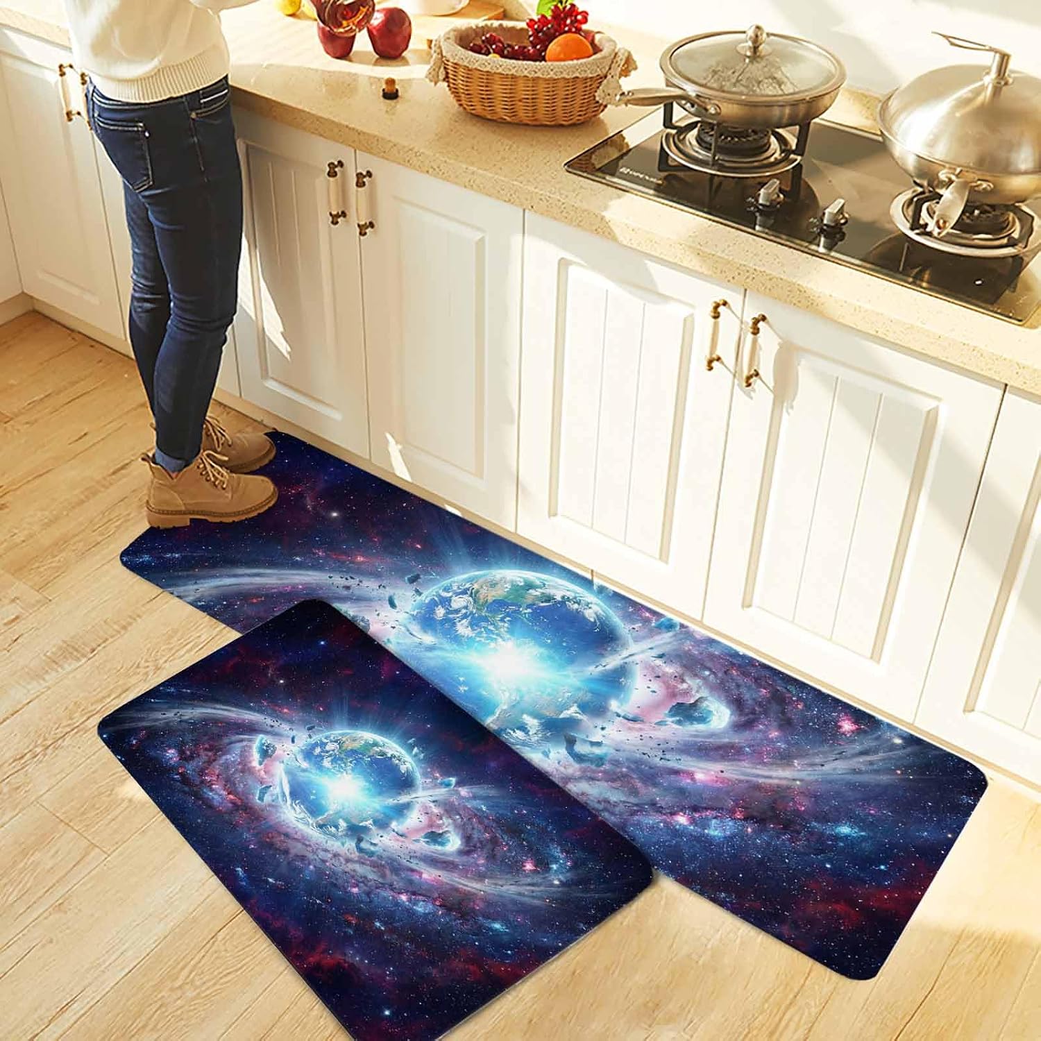 Global Explosion Kitchen Rugs and Mats Set of 2, Non-Slip Kitchen Sink Mat, Modern Abstract Art Galaxy Universe Washable Doormat Bathroom Rugs Runner for Bedroom/Living Room 17.7"x30"+17.7"x59"