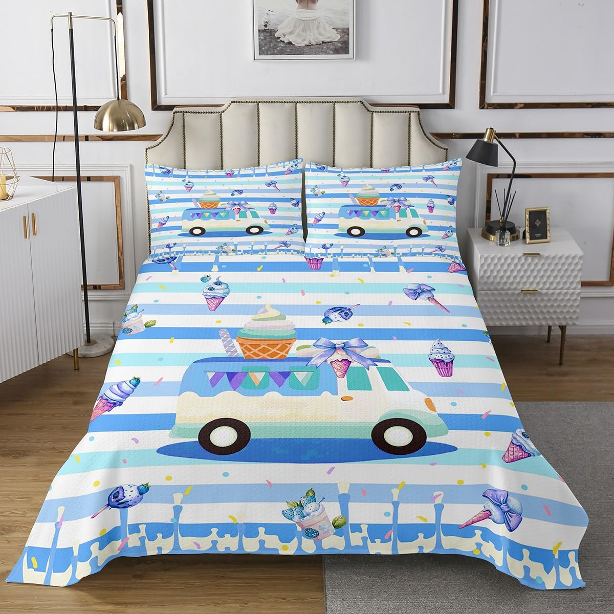 Erosebridal Ice Cream Truck Coverlet Set,Yummy Popsicles Quilt Set Twin Size for Kids Boys Girls,Kawaii Bow Bedspread Set,Blue Stripes Bed Cover
