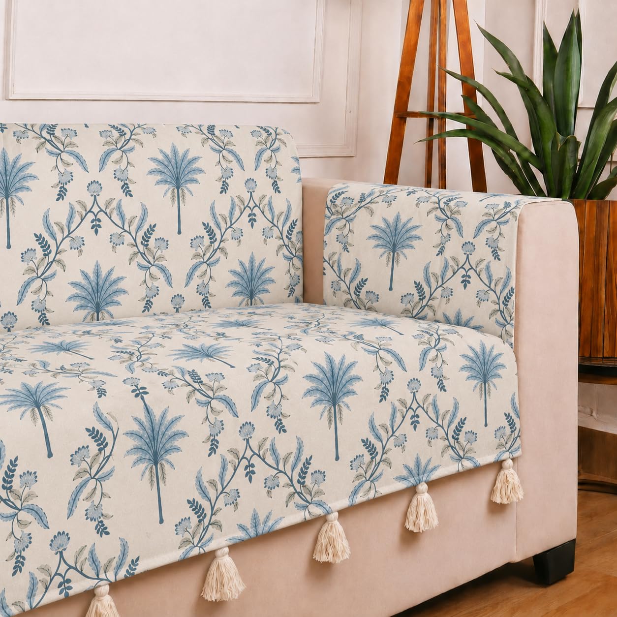 STITCHNEST 'Eden Weaves Collection Series' 2 Seater Sofa Cover | Full Coverage with Armrest Pockets | Elegant Woven Fabric, Decorative Tassels, Washable & Durable for Modern Living