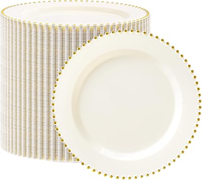supernal 100Pcs Heavy Duty Ivory Plastic Plates with Gold Bead for Wedding
