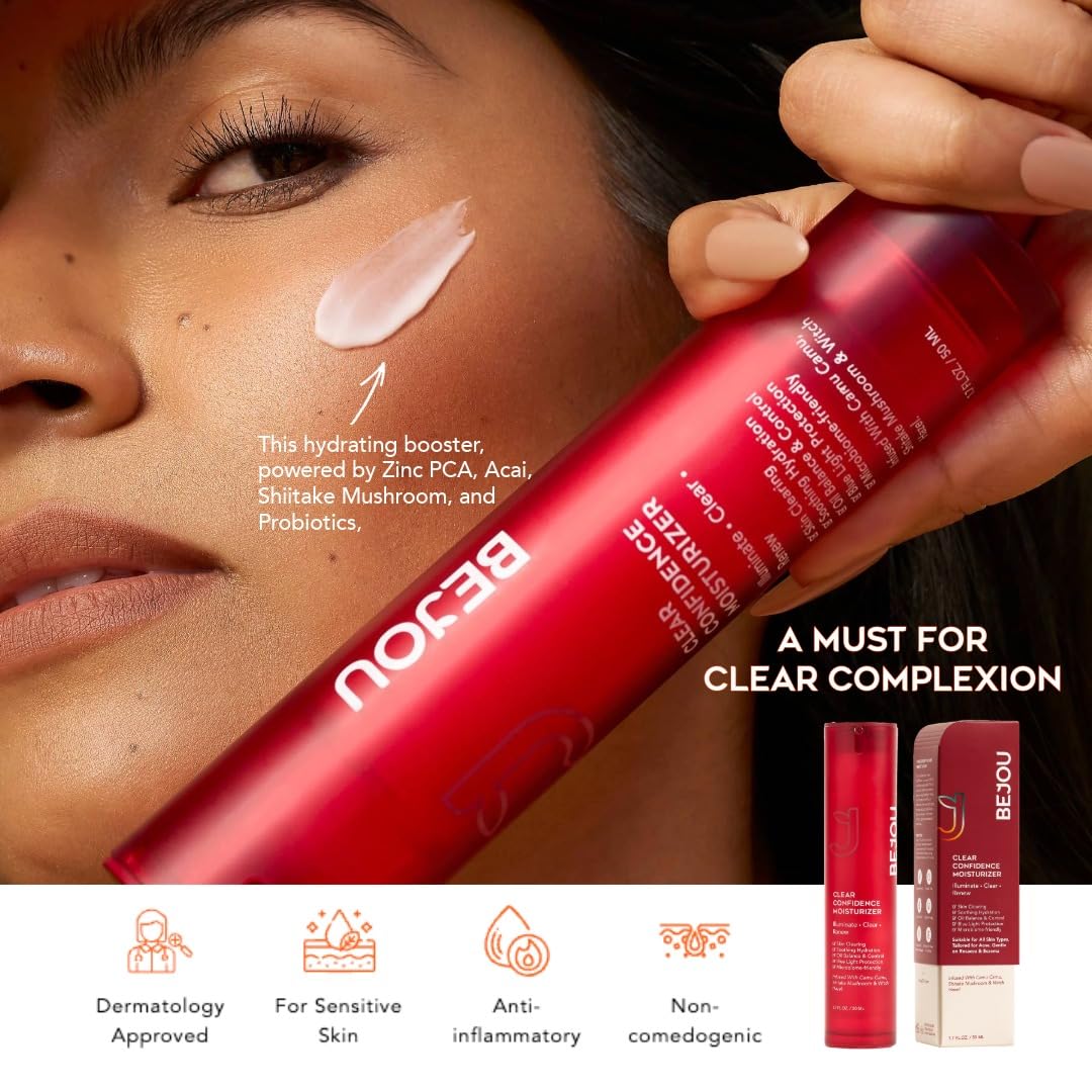 BEJOU Clear Confidence Moisturizer,Daily Oil Control Cream with Chontaduro, Camu Camu, Shiitake Mushroom, For Acne-Prone & Sensitive Skin,Dark Spots,Latin American Natural Retinol Alternative,1.7FL OZ