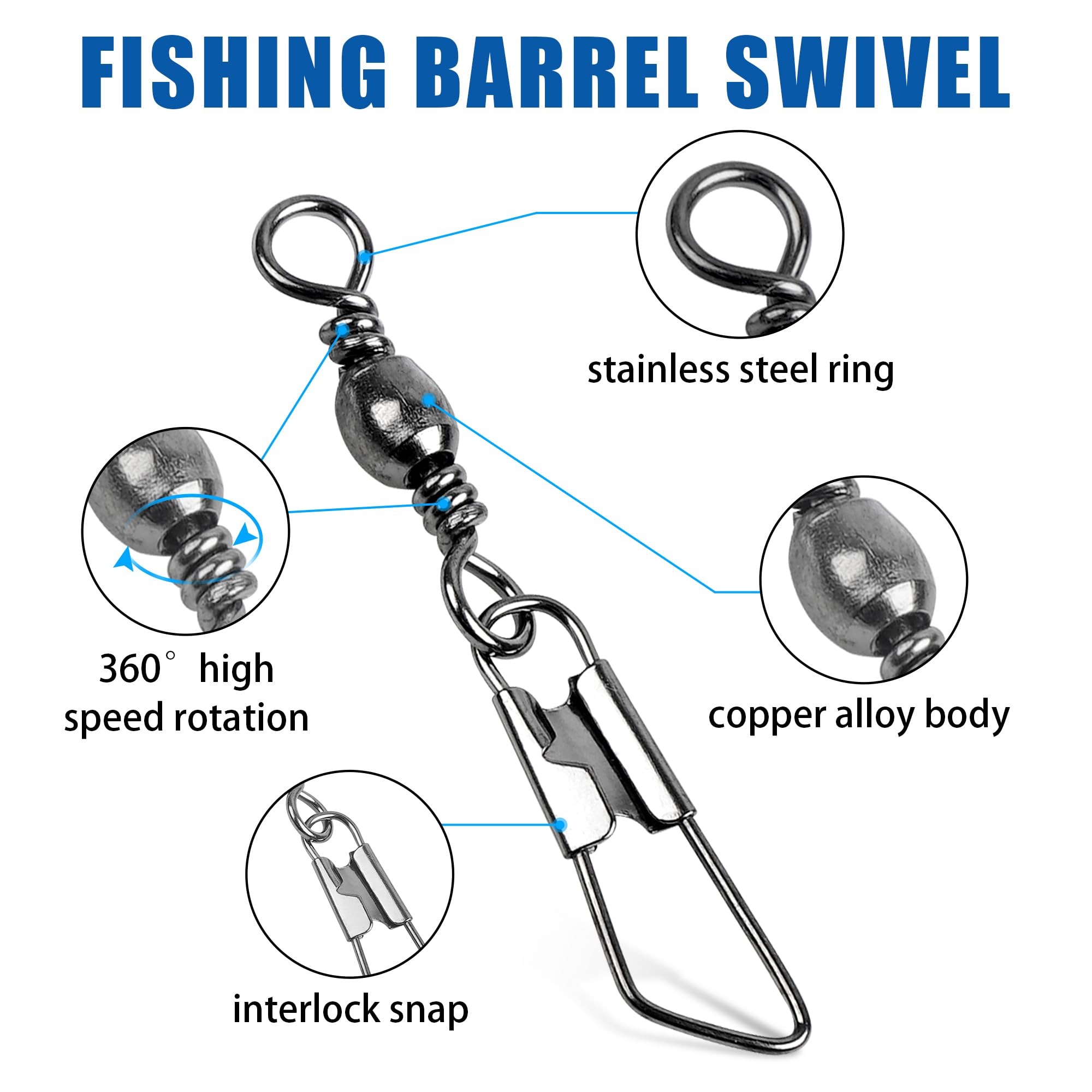 Fishing Barrel Swivel Snap Kit,50/55pcs Rolling Barrel Swivel with Safety Snaps High Strength Copper and Stainless Steel Fishing Quick Connect Snap Swivel Fishing Tackle (50pcs Barrel Swivel Snap)