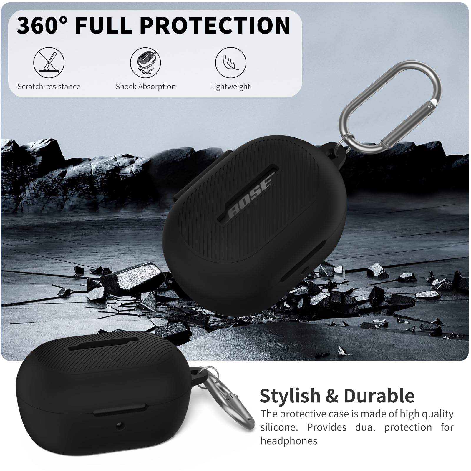 SURITCH Funda Protectora Para Bose QC Earbuds II Y Ultra 2023 – TPU Antigolpes Con Ventana Transparente, Mosquetón Y Llavero Incluidos (Púrpura)