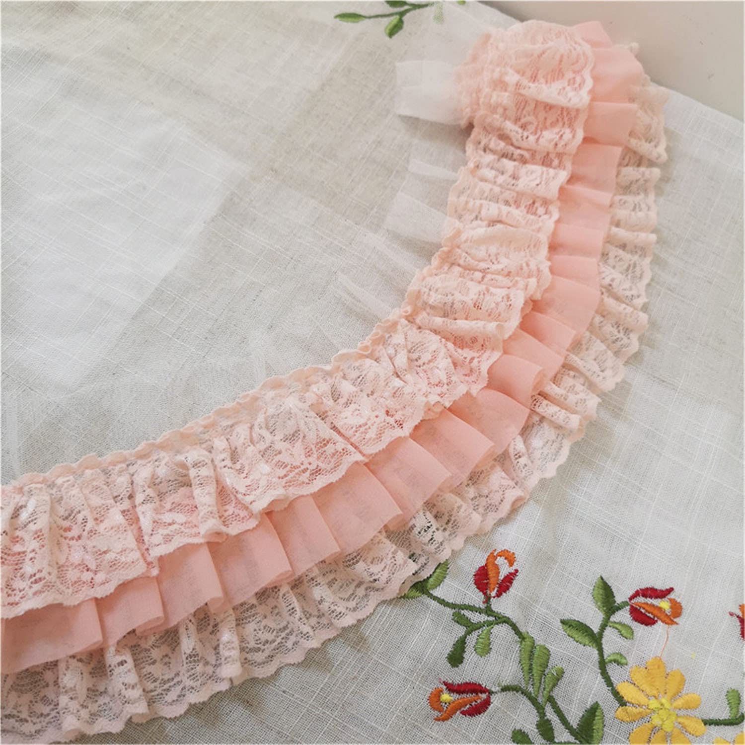 Bene Omnia 11CM Ruffled Lace Trims Tulle 3 Layer Pleated Fold Lace Trimming for Doll Making Wedding Cake Dress Gown Design 1 Yard (Pale Peach)