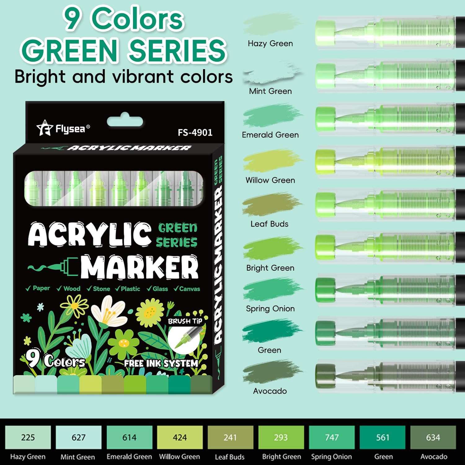 9 Green Series Paint Pens Waterproof Brush Tip Acrylic Markers image 3