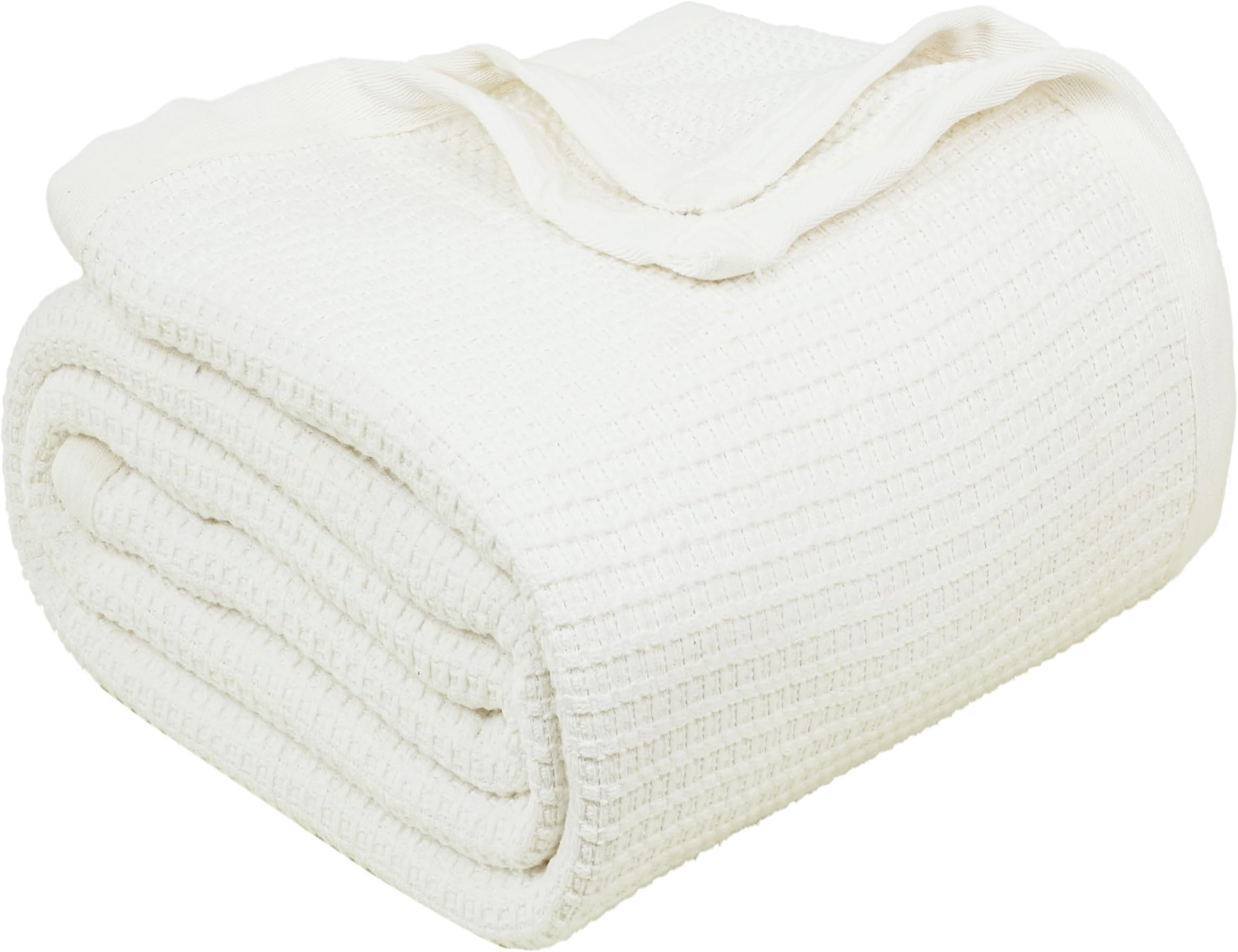 TreeWool 100% Cotton Waffle Weave Blanket for Spring and Summer, Soft Comfortable and Lightweight (Queen Size - 90" x 90", Ivory)