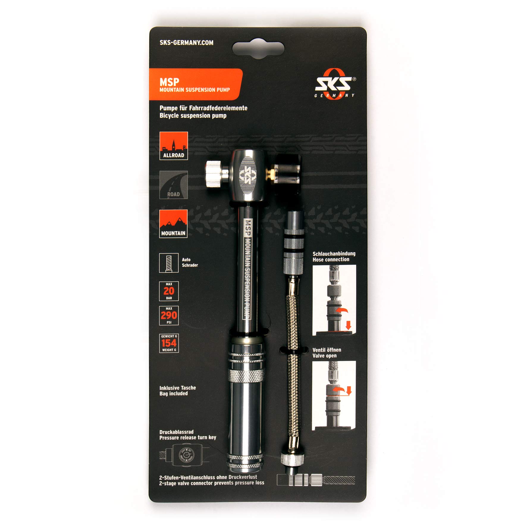 SKS Germany MSP Dämpferpumpe (Bomba de suspensión de montaña), Luftpumpe Fahrrad (Fahrradpumpe mit abschraubbarem Stahlflexschlauch, Druck MAX.: 20 bar/290 PSI, Ventilanschluss: AV), Plateado, 10 x 3