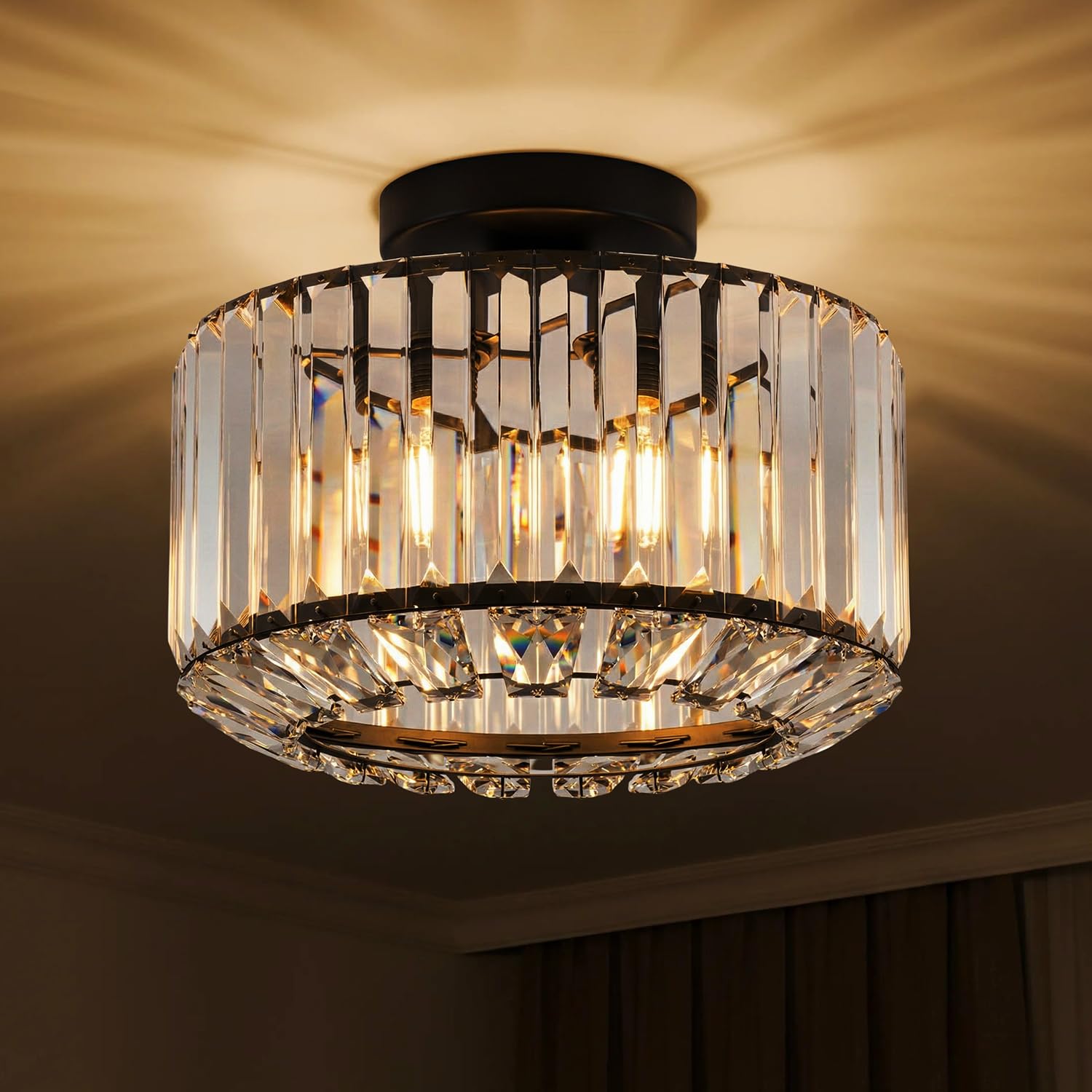 ANWIO Plafonnier en Cristal Noir, E27 Lustre Salon Moderne, Plafonnier Chambre Ø265mm, Luminaire Intérieur Cuisine, Salle à Manger