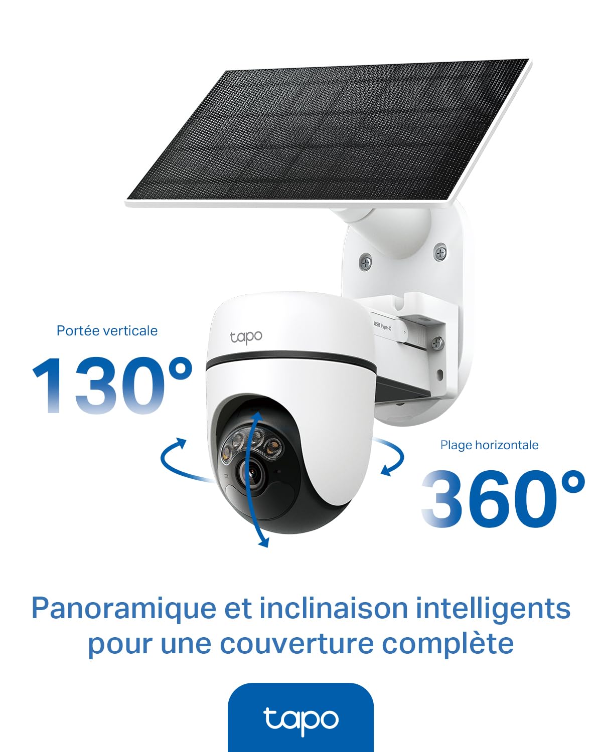 Tapo C610 Kit 2K 3MP Caméra WiFi Extérieur sans Fil Panneau Solaire 360° PTZ Surveillance Batterie 6700mAh Détection Humaine Vision Nocturne Couleurs Suivi AI IP65