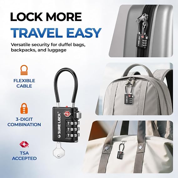 SURE LOCK TSA Approved Cable Luggage Locks, Key or 3-Digit Code, 1Pack
