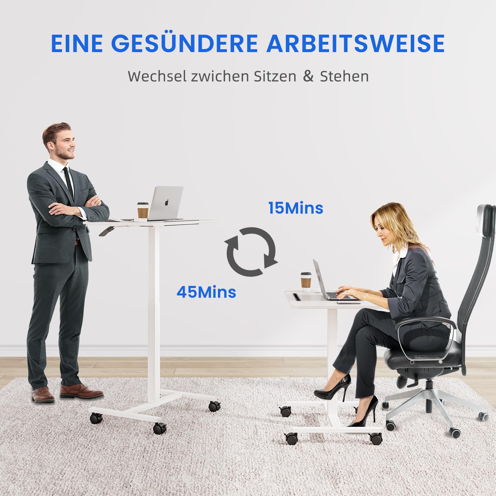 Dripex Computertisch höhenverstellbar mit Rollen, Nut für Tablet oder Handy, Steh-Sitz PC Tisch, Schreibtisch klein, mobiler Stehpult, pflegetisch, beistelltisch, weiß