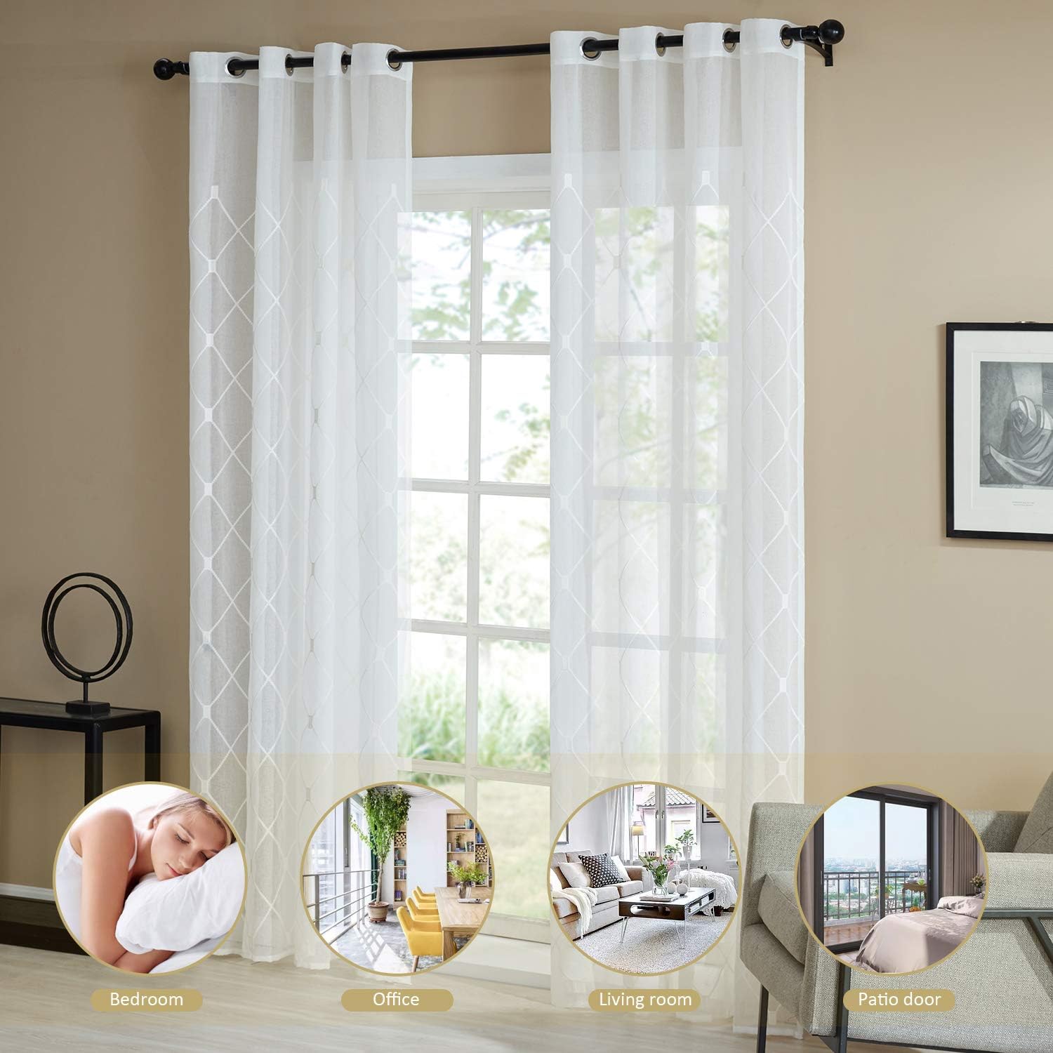Topfinel White Sheer Curtains 96 Inches Long for Living Room,Semi Sheer Privacy Embroidered Diamond Grommet Window Treatments Curtains Home Decor 96 inch Length for Bedroom, 2 Panels Set