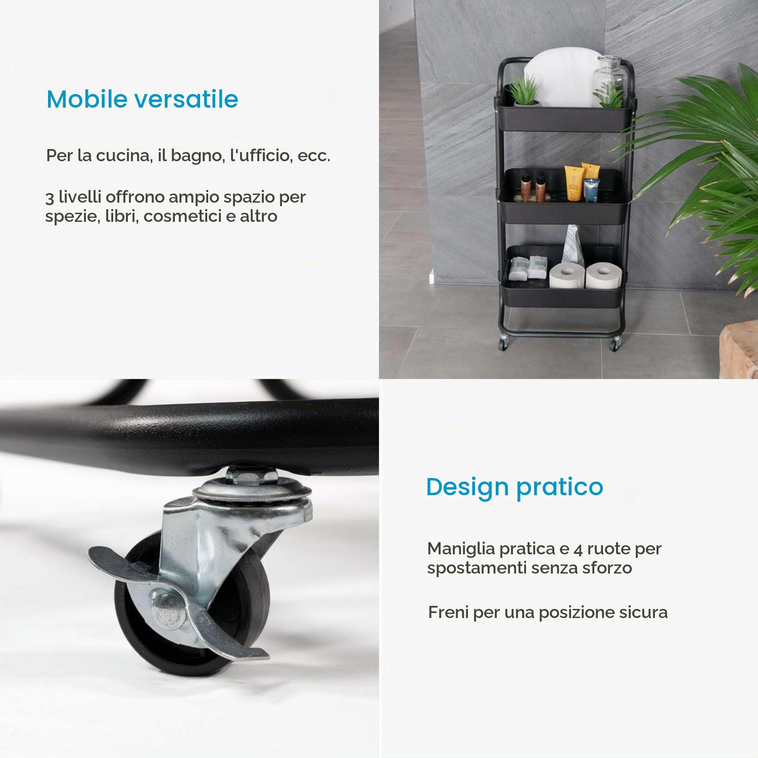 INTIRILIFE Carrello a 3 piani in Nero - 85 x 34 x 42 cm - Carrello da servizio con manico, carrello portaoggetti, per cucina, bagno, ufficio, ecc.