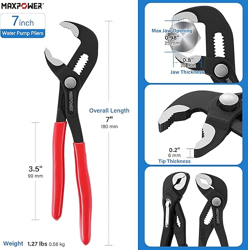 Miniatura 2 de MAXPOWER Alicates de bomba de agua de 7 pulgadas, con capacidad de apertura de mordaza de 0.98 pulgadas y bloqueo con botón pulsador