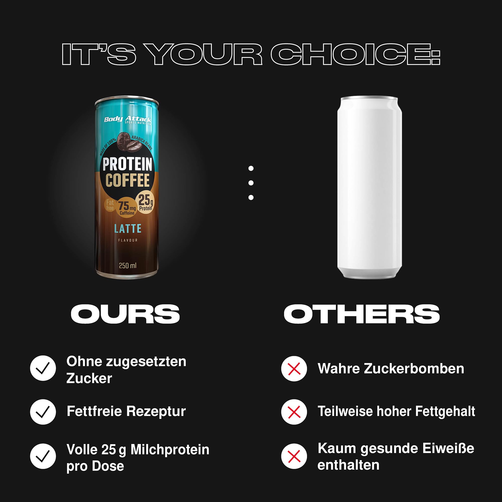 Body Attack Protein Coffee – Coffee Latte, 12 x 250ml (inkl. Pfand) - Protein Eiskaffee - erfrischender Eiskaffee fettarm mit 25 g Eiweiß, 75 mg Koffein - aus 100% Arabica Kaffeebohnen | Protein Eiskaffe, erfrischender Eiskaffee fettarm mit 25 g Eiweiß, 7