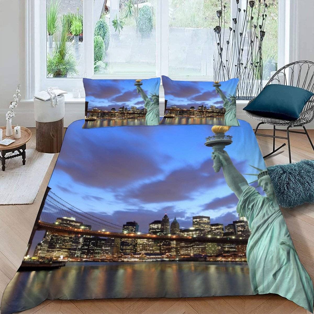 LUORU Single Duvet Cover New York 135x200 cm 3D Print Modern City View Bedding Set with Zipper Closure Ultra Soft Microfiber Kids Boys Girls Teens Comforter Quilt Cover with 2 Pillowcase 50x75