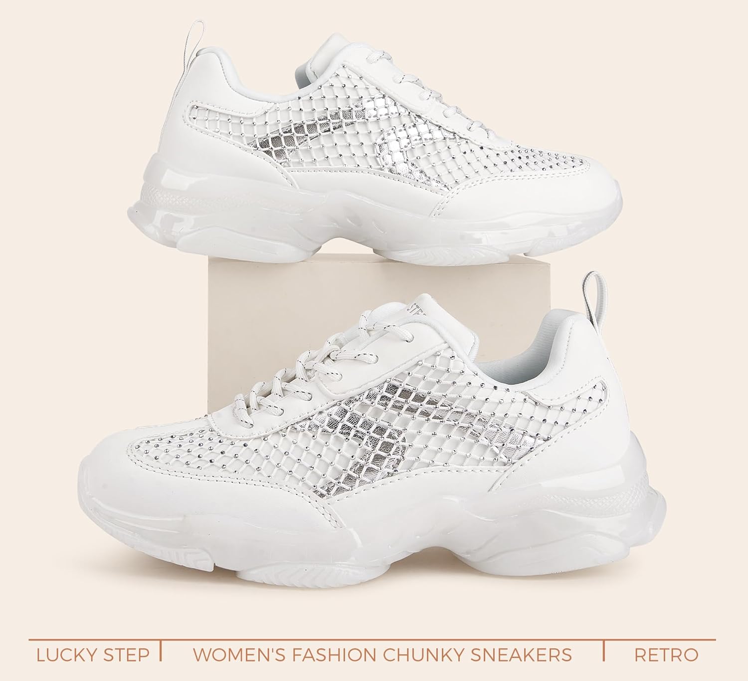 LUCKY STEP Women's Fashion Rhinestone Platform Sneakers Bling Tennis Casual Breathable Walking Shoes Trendy Bedazzled Wedding Bridal Party Footwear