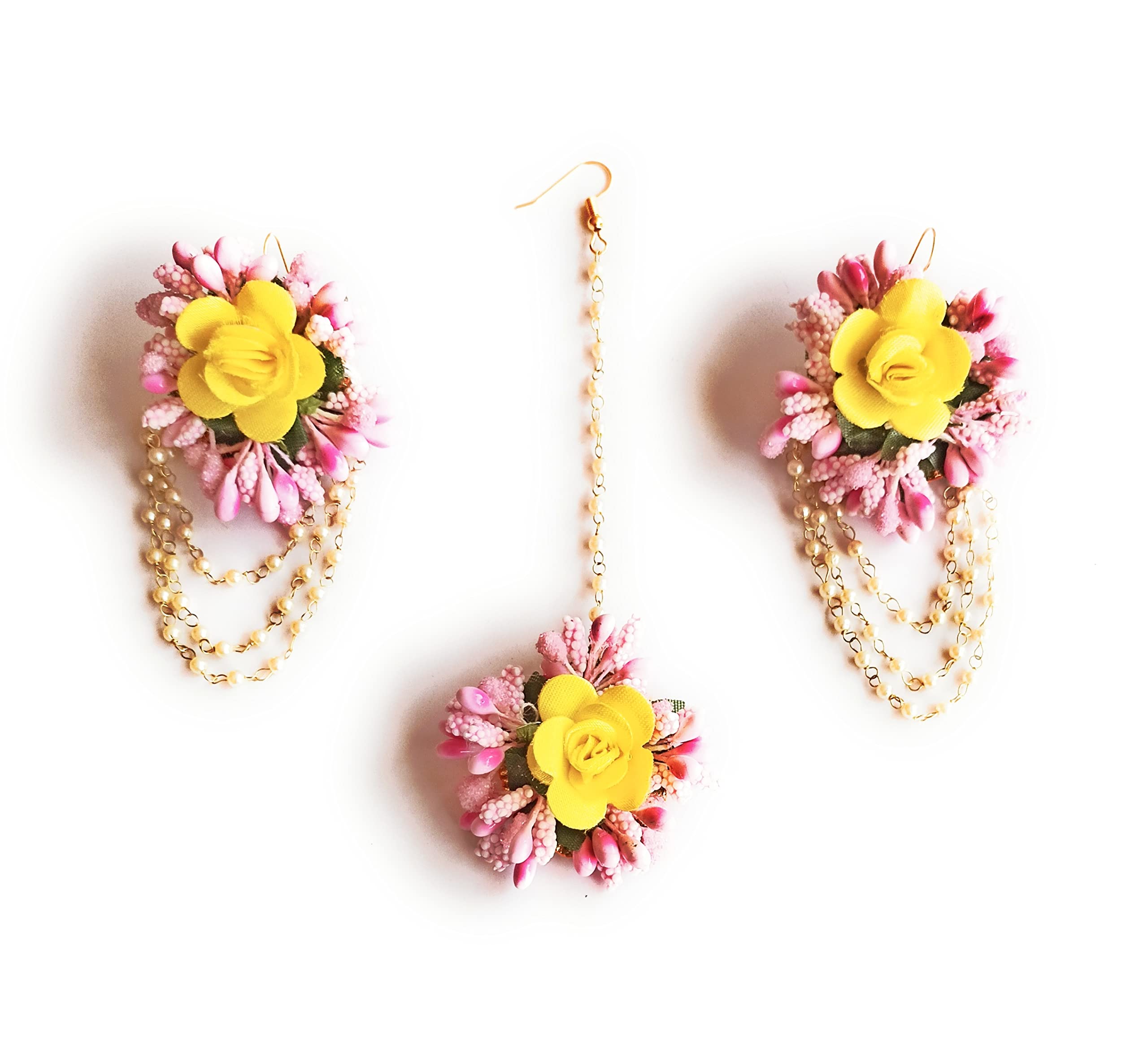 CIYA PLUS Pink And Yellow Flower Jewellery Set Maang Tika and Earrings, for Women and Girls. (Set of 3) (B09WYWW52J) Amazon Price History, Amazon Price Tracker