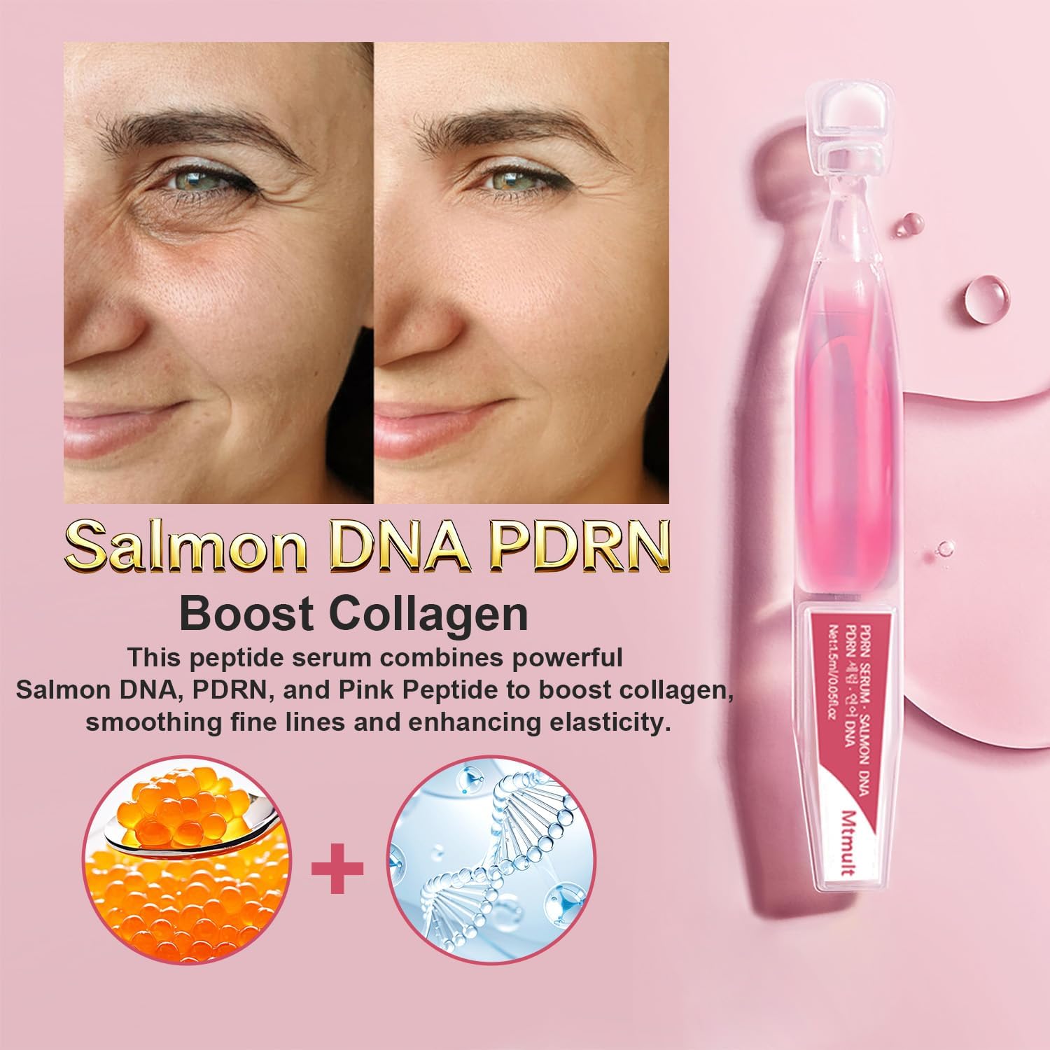 Mtmult Salmon DNA PDRN Serum - PDRN Salmon DNA Anti-Aging Ampoule with 99% Salmon DNA PDRN, Collagen & Hyaluronic Acid, 0.05 fl.oz x 30e, Firming & Moisturizing - Fuses Salmon DNA Power