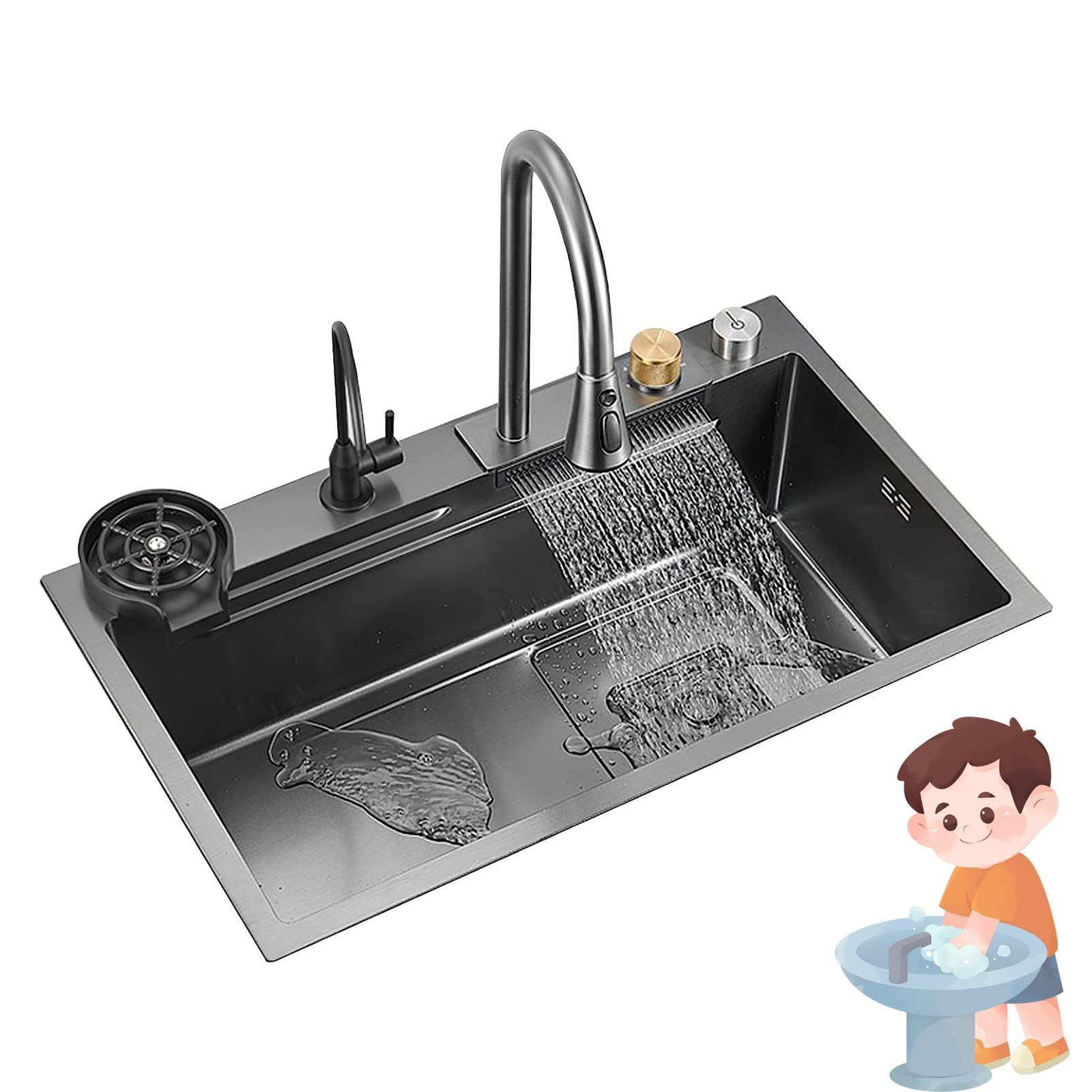 Black Single Bowl Sink,Undermount Drop-in Or Undermount Installation Workstation Sink, Thickened Sink with Counter Control Drainer/Cup Washer and Pull-down Faucet,for Laundry bar Kitchen Sinks (