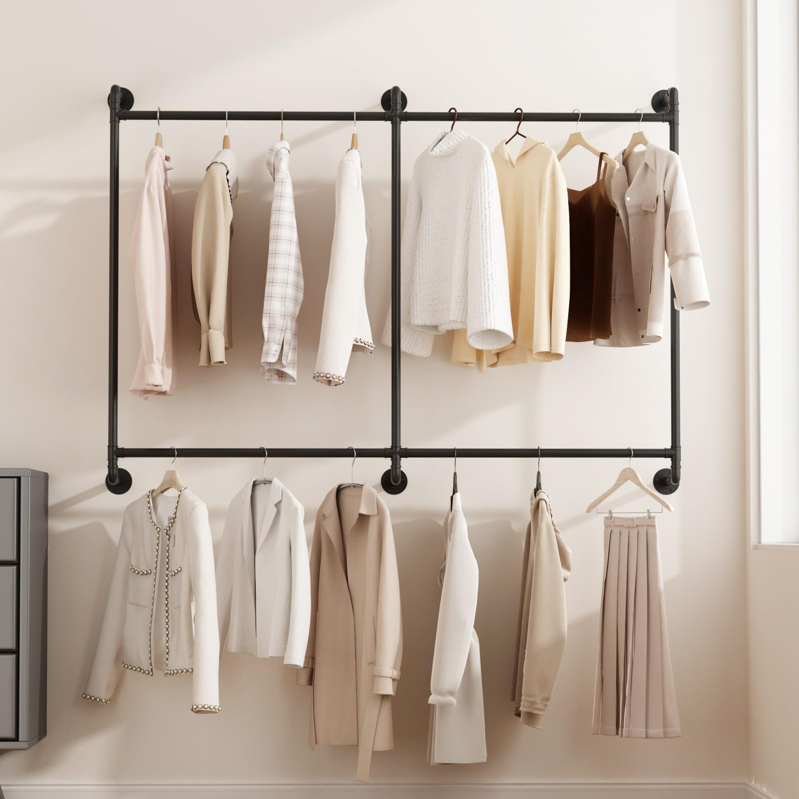 Industrial Pipe Clothing Rack Clothing Rack Wall Mounted Clothes Racks for Hanging Clothes Double Rod-2 Tier Black