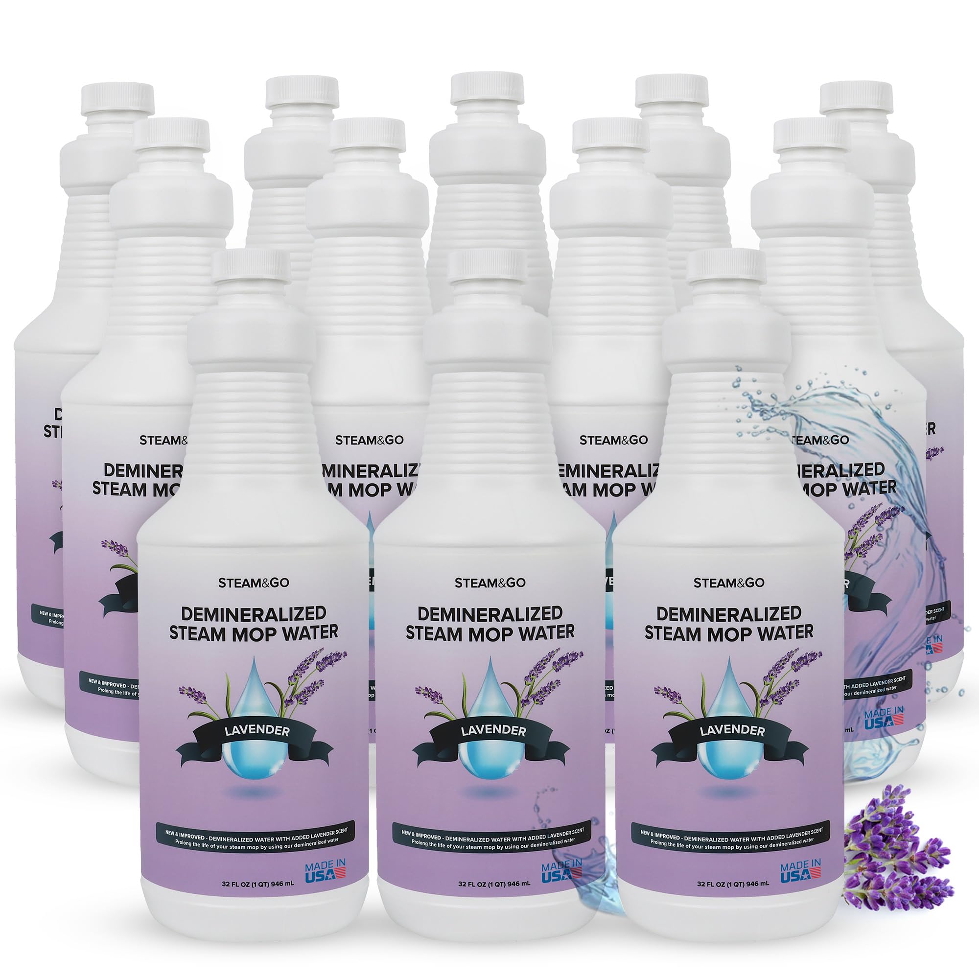 Steam & Go Demineralized Water for Steam Cleaner - PVC-Free Floor Cleaning Solution Compatible for All Steam Mops - Multi-Surface Cleaner for Home Surfaces - Lavender Scent, 32 oz (Pack of 12)