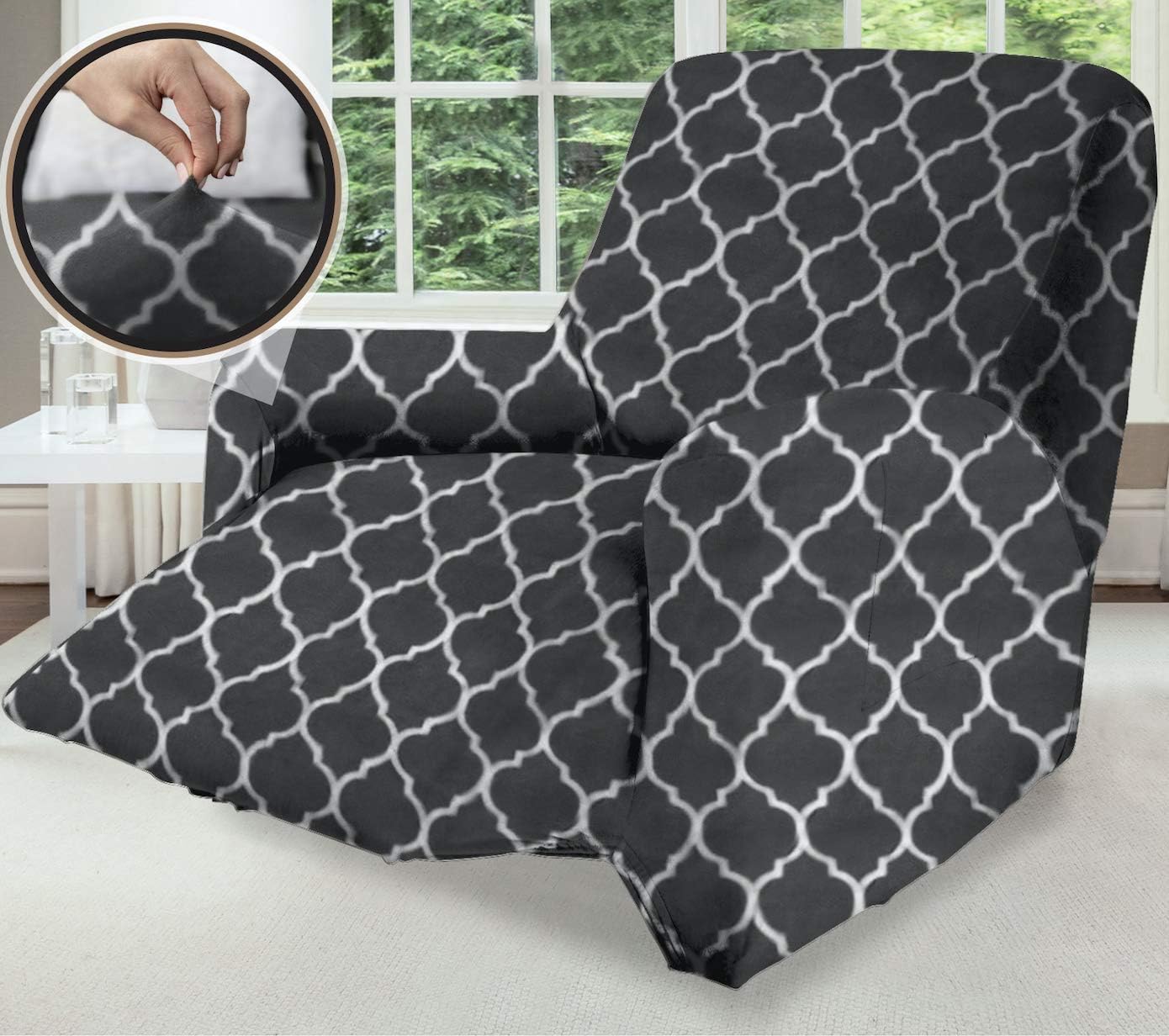 Gorilla Grip Original Fitted Velvet 1 Piece Small Recliner Protector for Seat Width to 28 Inch, Stretch Furniture Slipcover, Fastener Straps, Spandex Reclining Chair Cover Throw, Quatrefoil Gray White