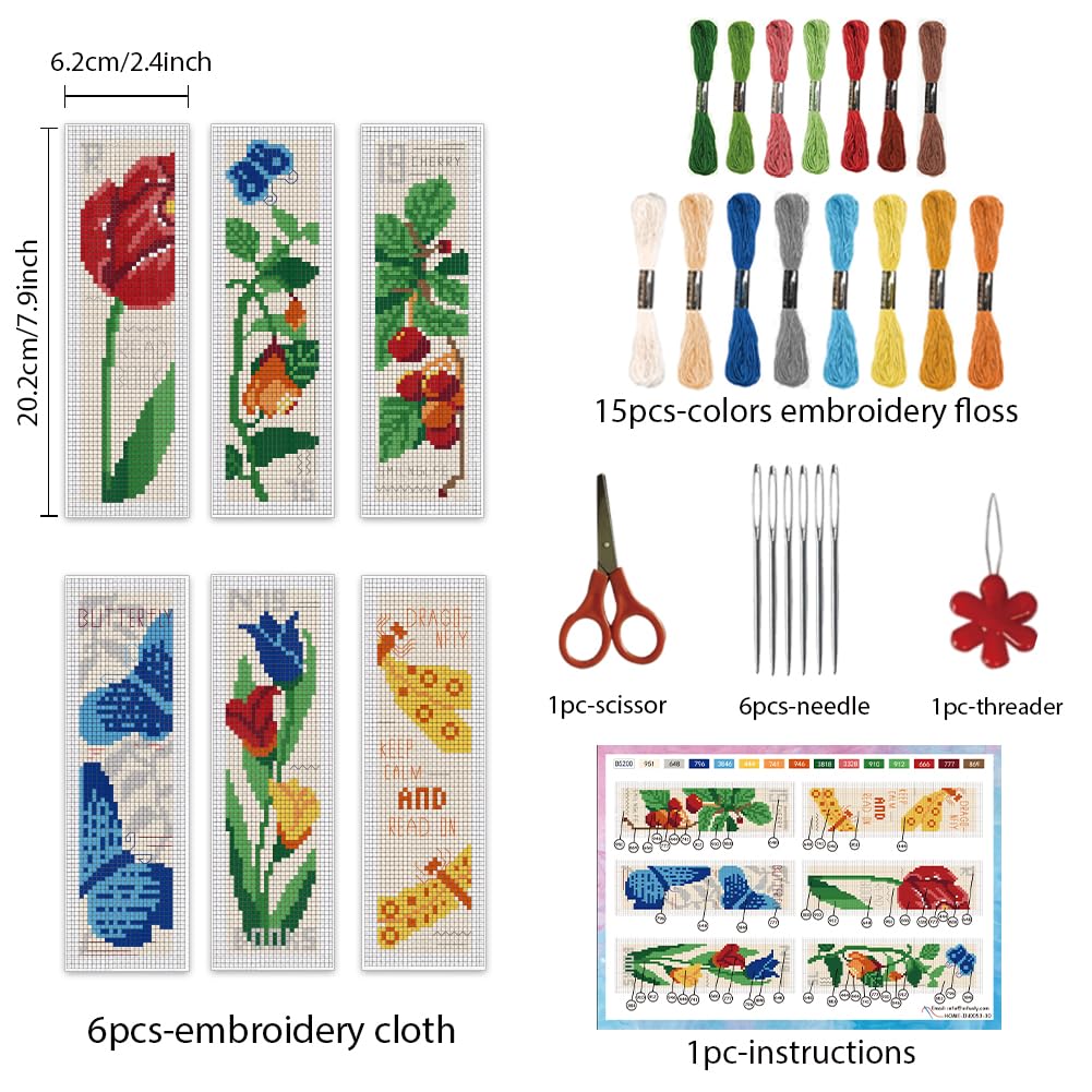 INFUNLY 6PCS Plants and Insects Cross Stitch Bookmark Kits 22×8cm DIY Rose Stamped Embroidery Bookmarks Kit with Instruction Retro Butterflies Counted Cross Stitch Kit for Book Lovers Readers Writers - Image 2
