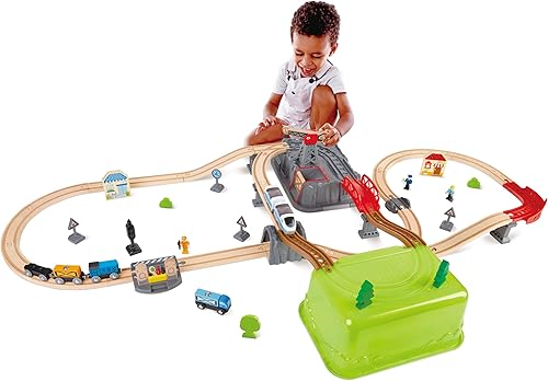 Miniatura 3 de Hape Juego de construcción de cubos ferroviarios | Juego de tren de madera multicolor de 50 piezas, kit de construcción para niños