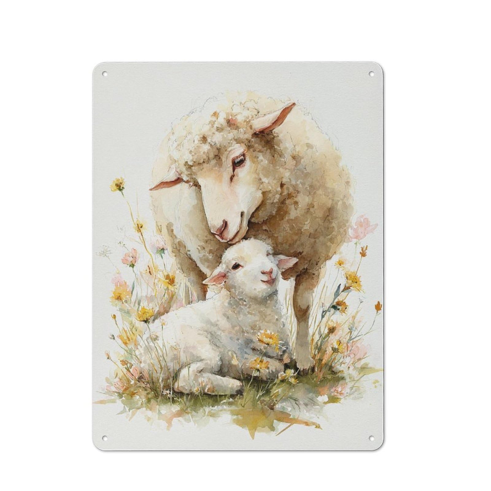 Junmoney Sheep And Lamb In Flowers 40X30cm Retro Tin Sign With For Kitchen Or Home Bar, A Decorative Gift For A Newly Furnished Kitchen And Home Bar