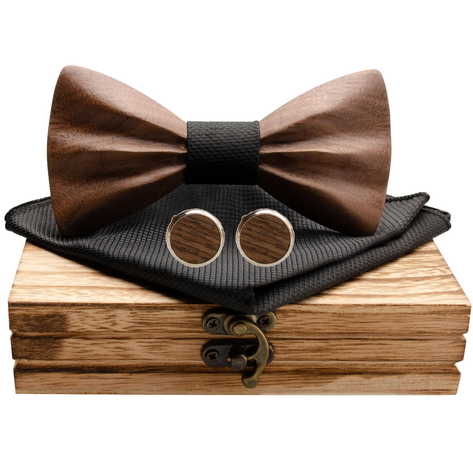 Mr.Van Pajarita de Madera Hombre, Nogal Negro Natural, Gemelos y Pañuelo de Bolsillo Conjunto de Pajarita, Para Novio, Padrinos de Boda con Caja de Regalo para Hombres Bodas y Negocios