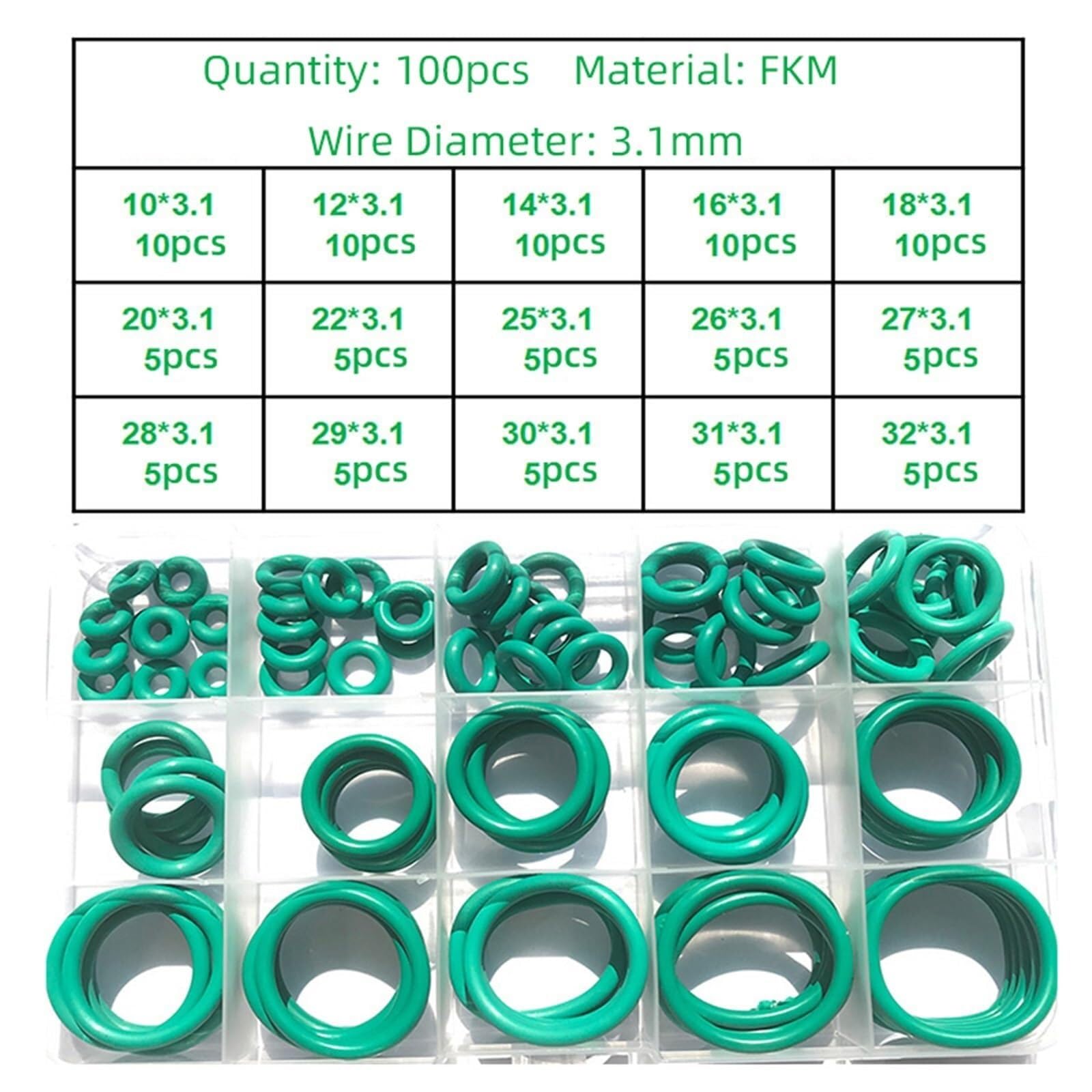 Kit de joints toriques en caoutchouc FKM O Ring 250-100Pcs CS1~3.1mm vert FKM joint torique en caoutchouc fluoré joint d'étanchéité huile d'isolation résistance aux hautes températures joint d'étanché
