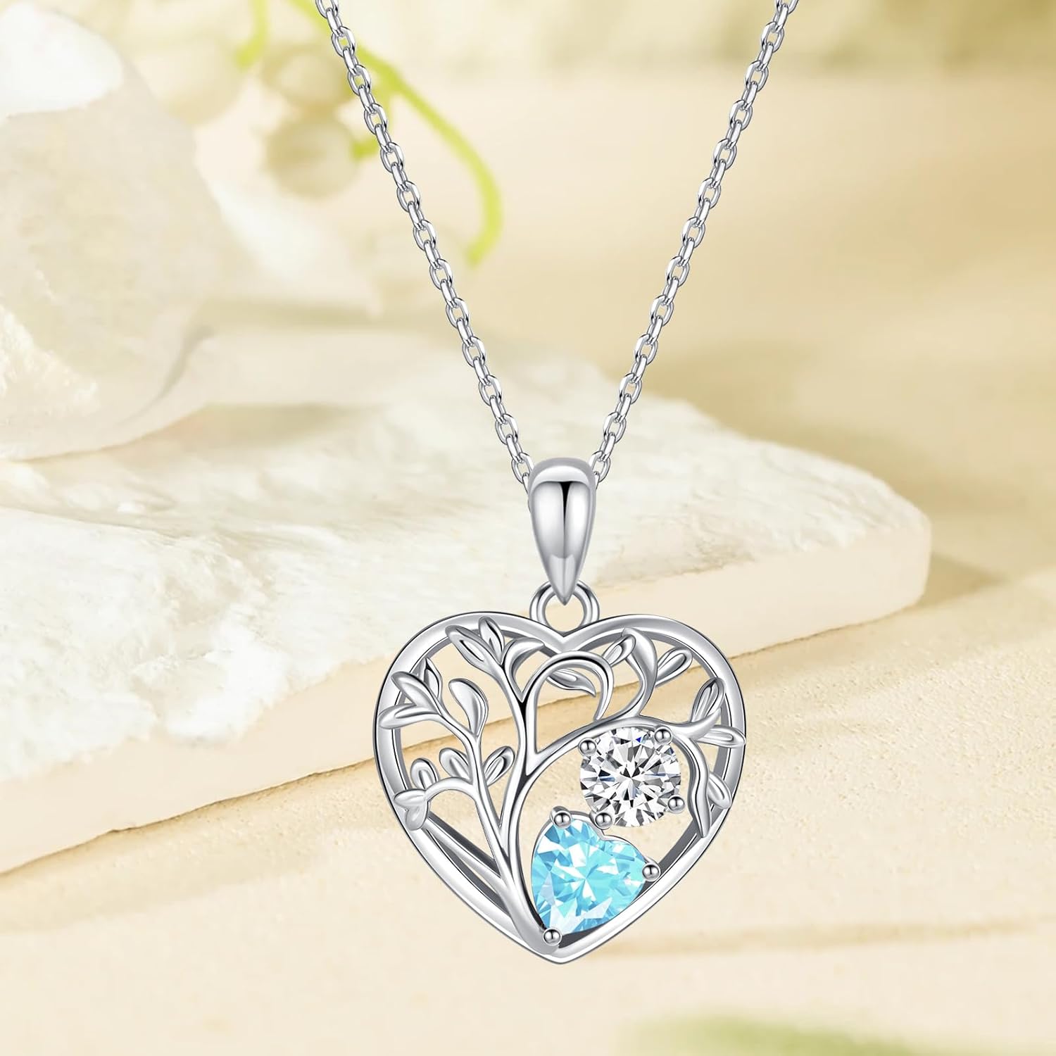 Tree of Life Birthstone Necklace Birthday Gifts 925 Sterling Silver Heart Pendant Birthstone Necklaces for Women Personalized 2 Gemstone Anniversary Graduation Gifts for Her Wife Mom - Image 8