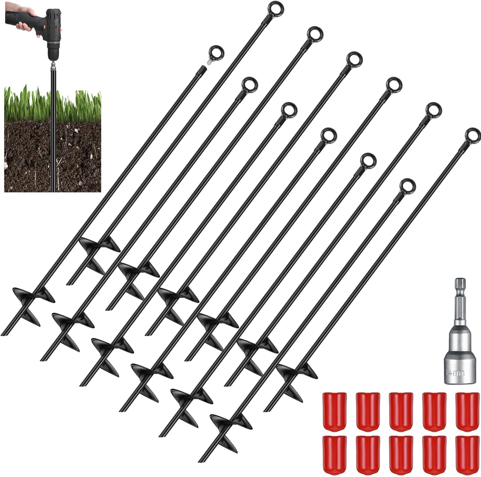 30 Inch Ground Anchor Spiral Blade Heavy Duty Earth Anchor Kit Metal Anchor Hook Swing Set Wind Stakes Ideal for Securing Animals, Shelters, Tents, Canopies, Swing Sets (Black,12 Pcs)